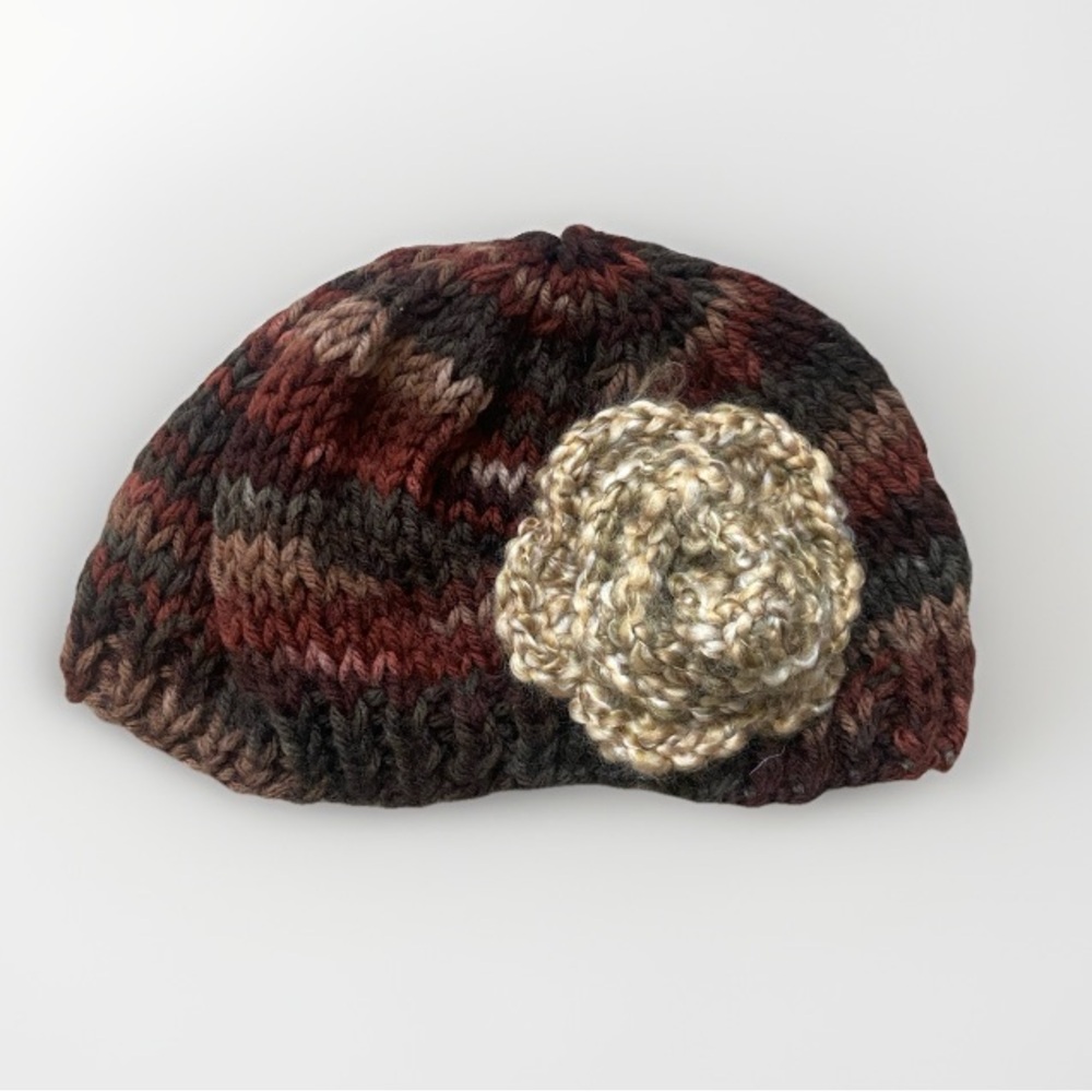 Hand Knit Crochet Beanie Hat Winter Handmade Flower Pin Boho Cottage Artsy